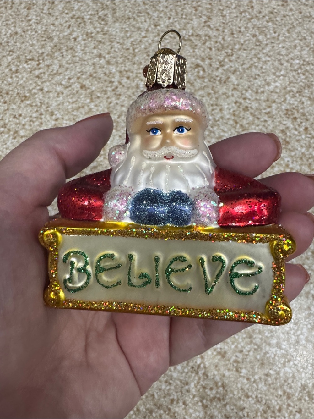 'Believe' Santa Ornament in Red, Gold, White
